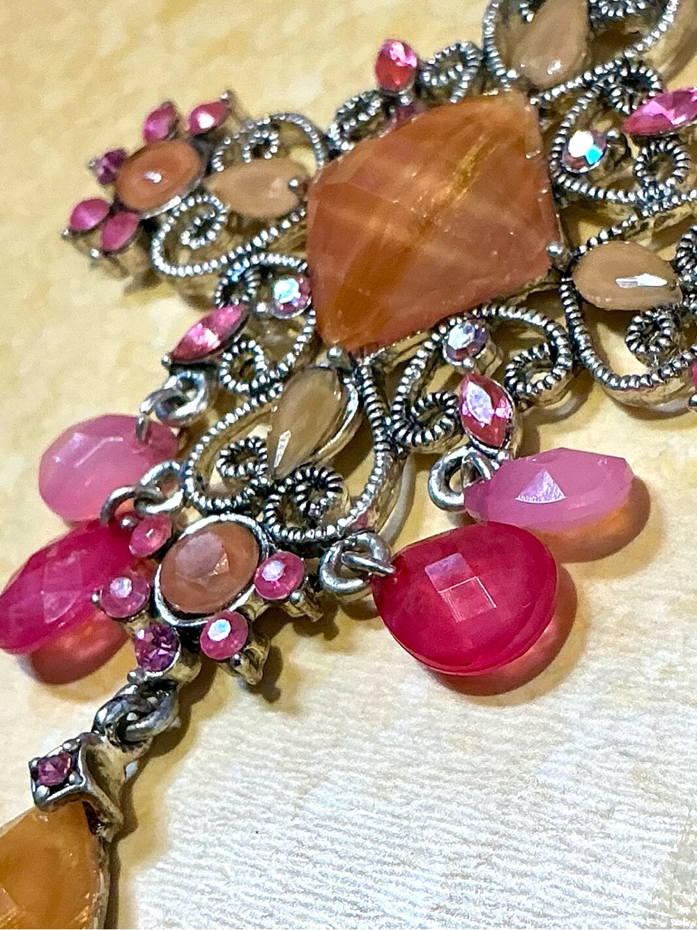 Edwardian Inspired Christian Cross Pendant & Earrings Pinks Orange Summer  GOTH